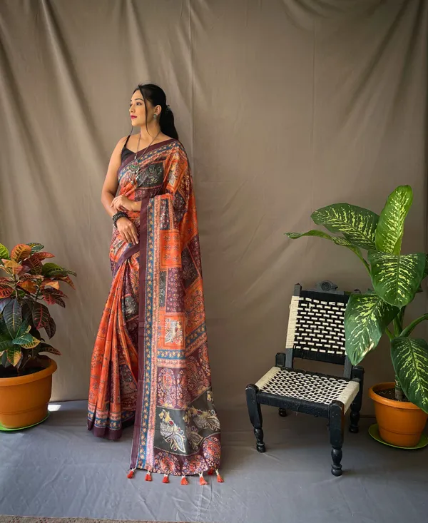 Orange_Pure_Soft_Cotton_Kalamkari_Print_Saree_With_Blouse_Piece_Attached